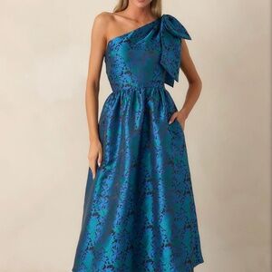 Midnight Blue Jacquard One Shoulder Midi Dress